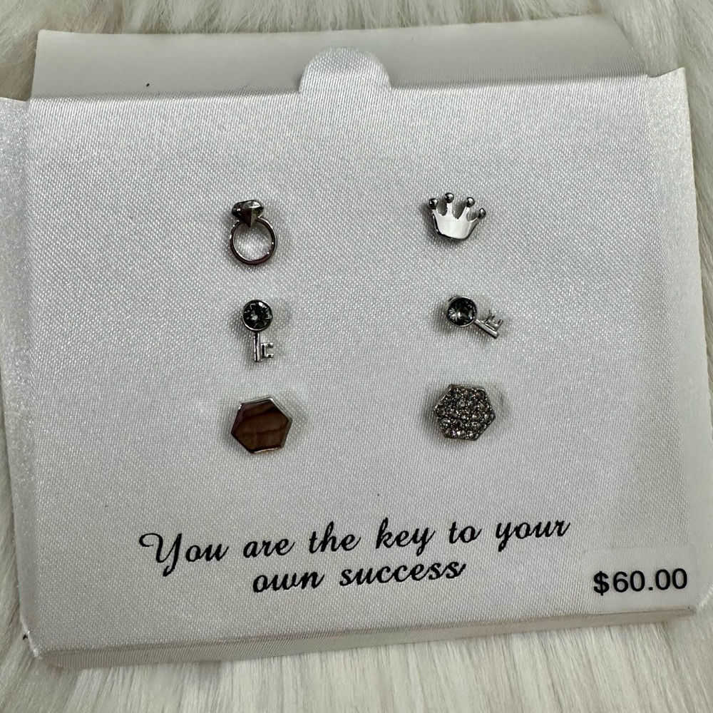 Kohls Fine Silver Plated Stud Earring Set 3 Pairs Crown Hexagon Ring M03512EBD-S